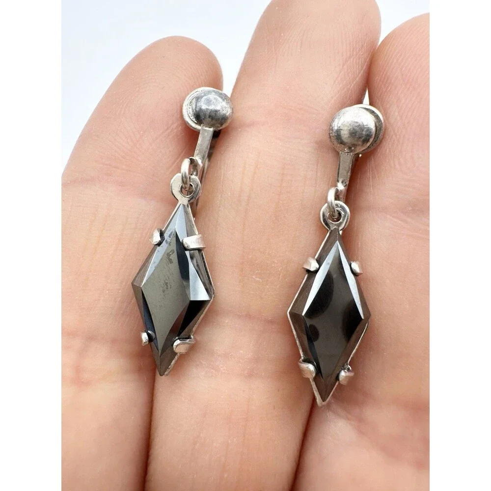 Vintage Sterling Silver Hematite Earrings Diamond Shape Screw Back